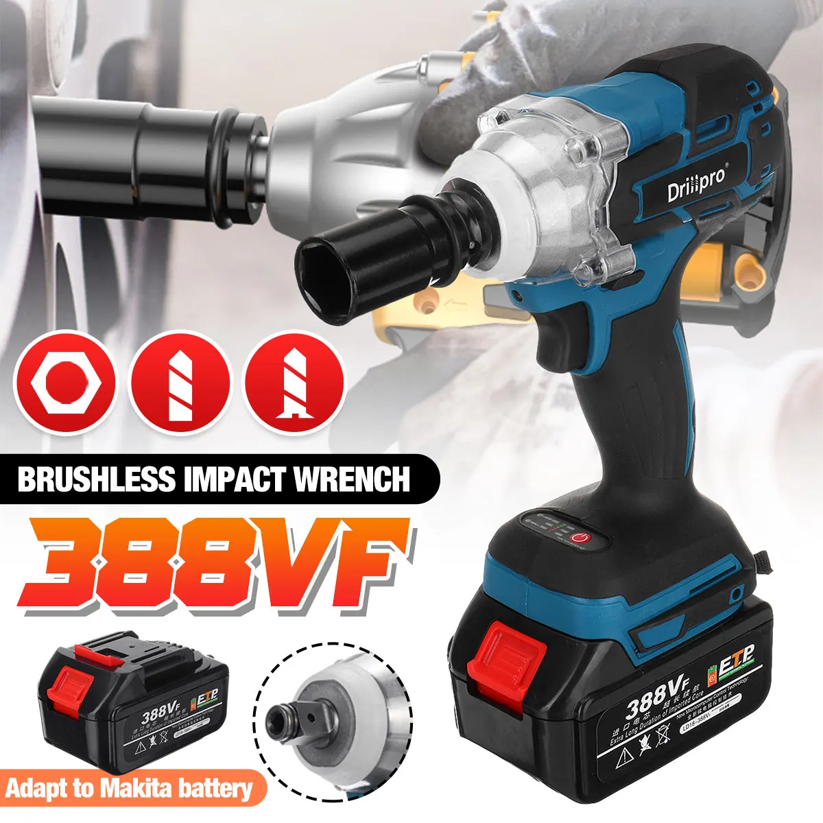 388VF Brushless Cordless Electric Impact Wrench Power Tools with 15000Amh Li Battery LED light +Sleeve Adapt to Makita Battery ► Photo 2/6