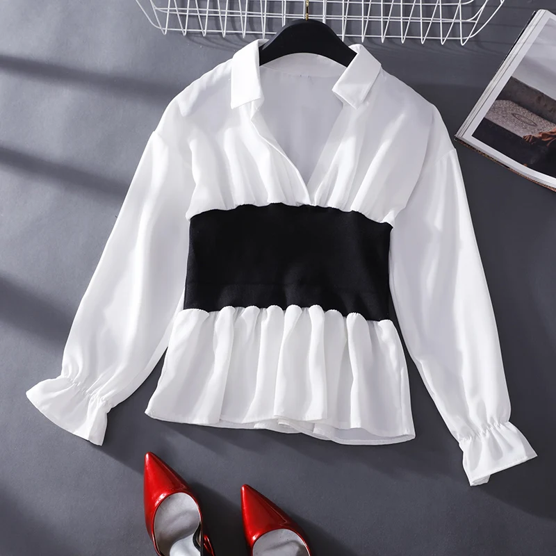 Женские блузки с v-образным вырезом, офисные женские шифоновые рубашки с пышными рукавами, 4 цвета, женские топы с длинными рукавами - Цвет: Popular White