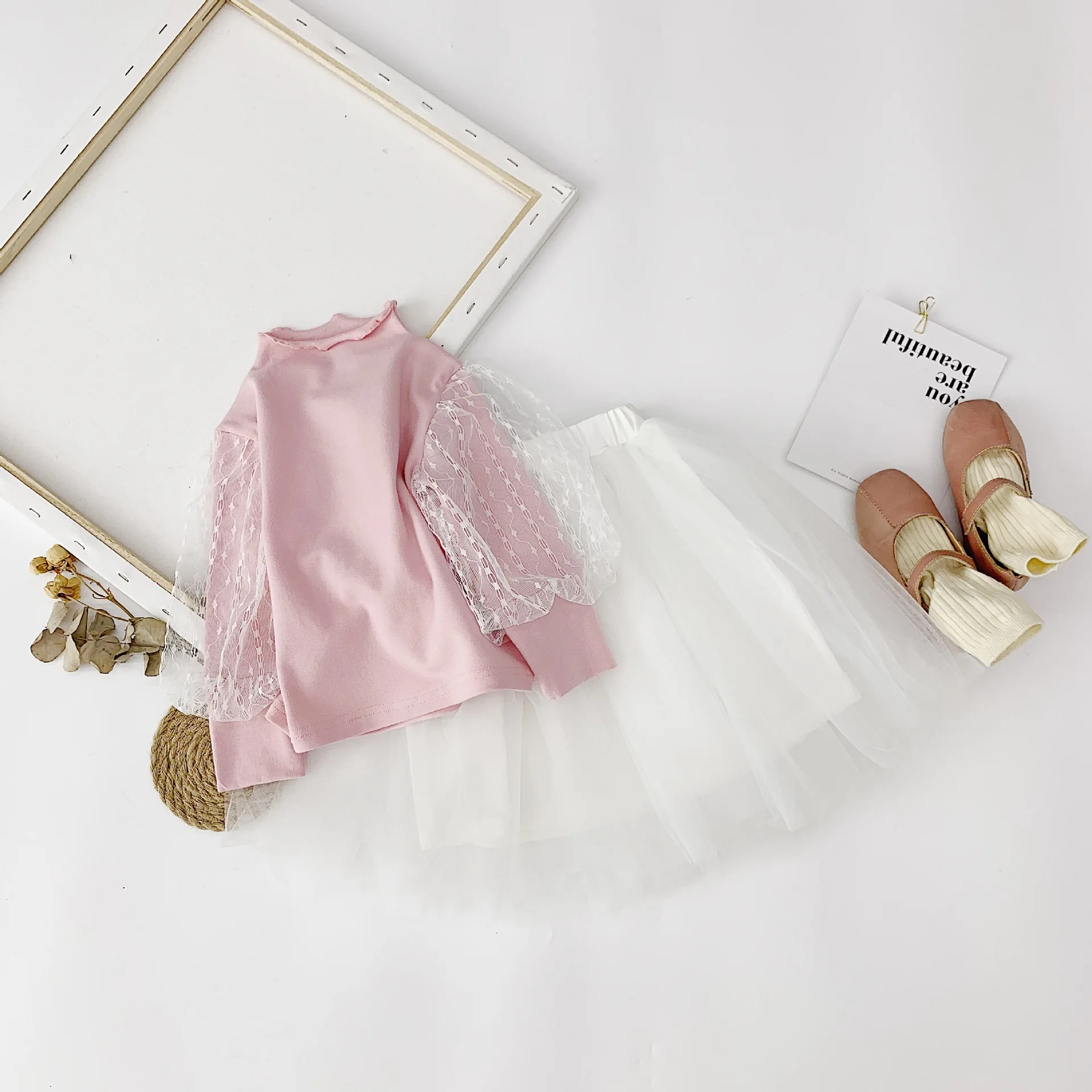 

Autumn cute girls mesh puff sleeve pink T shirt and white mesh skirt 2pcs suits baby girl fashion princess clothes sets