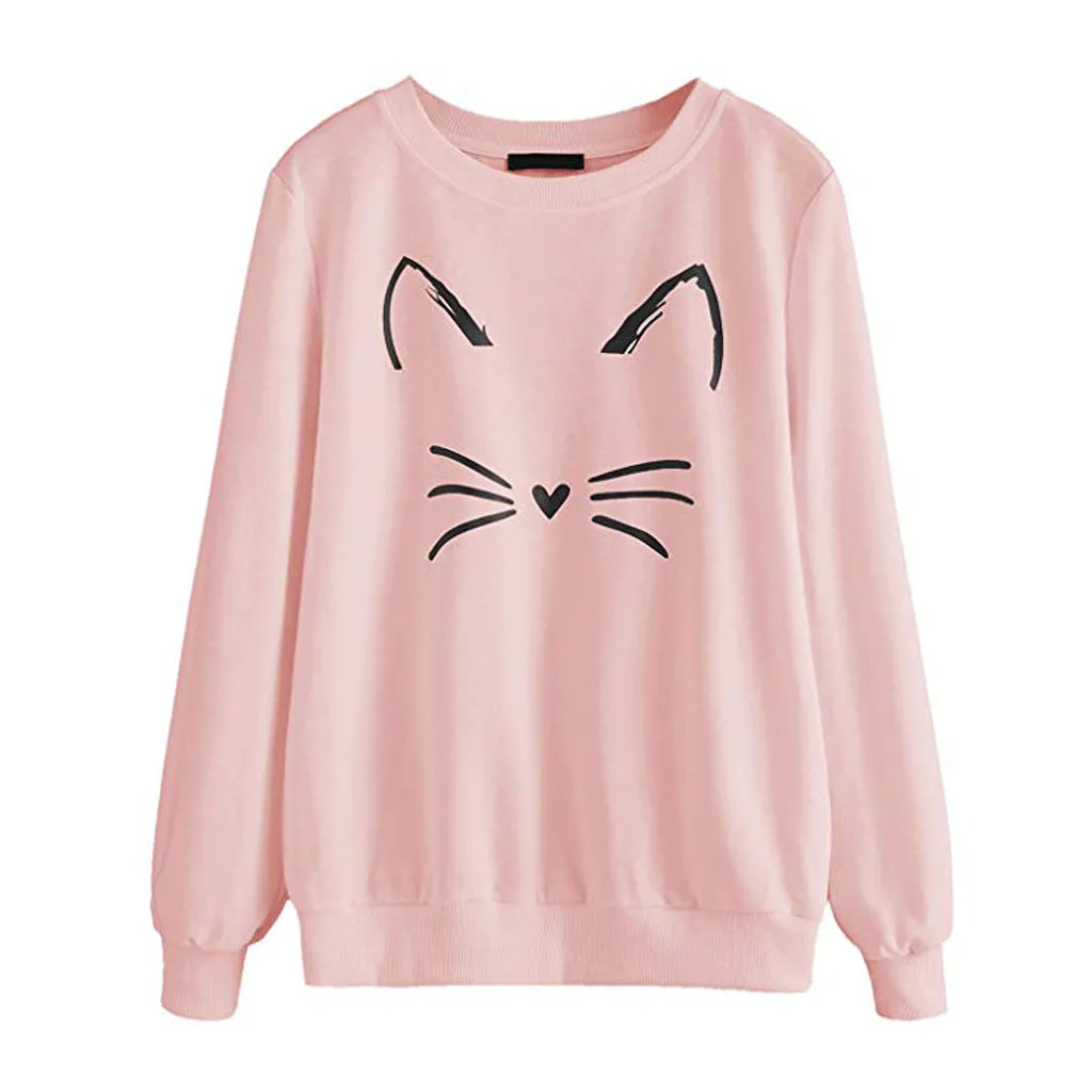 JAYCOSIN Fashion Women Casual Cat Round Neck Long Sleeve Sweatshirt Casual Popular Cute Soft Chic Elegant Blouse Sweatshirt