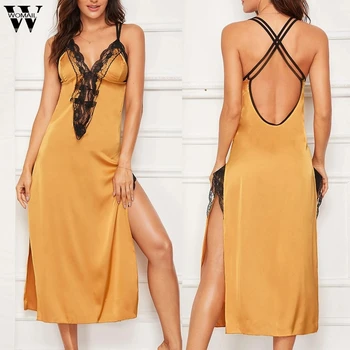 

Women Nightgown Hot Nightwear Sexy Lingerie Lace Slits Nightdress V-neck Nightie Vintage Sleepwear Female Pijama embroidery 3.25