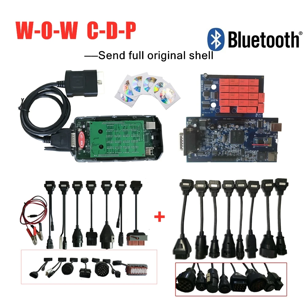 С новым релейным W-O-W C-D-P с Bluetooth v5.008 R2+ 5.00.12 keygen подарок! W-o-w snooper obd2 диагностический инструмент+ 8pc автомобилей/грузовиков Кабели - Цвет: with bluetooth