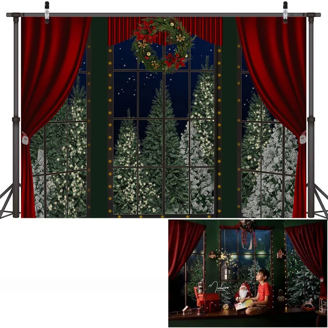 Christmas Window Backdrop Winter Snow Wonderland Birthday Portrait Background Curtain Wreath Christmas Tree Photography Props style-8