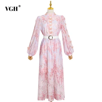 

VGH Hollow Out Patchwork Women's Dress Stand Collar Lantern Long Sleeve High Waist Sashes Ruched Maxi Dresses Female 2020 Autumn