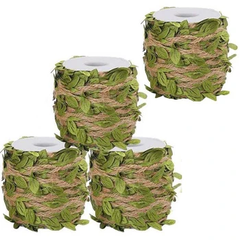 

4 Rolls of Natural Jute Thread, 5MM Burlap Leaf Ribbon, Green