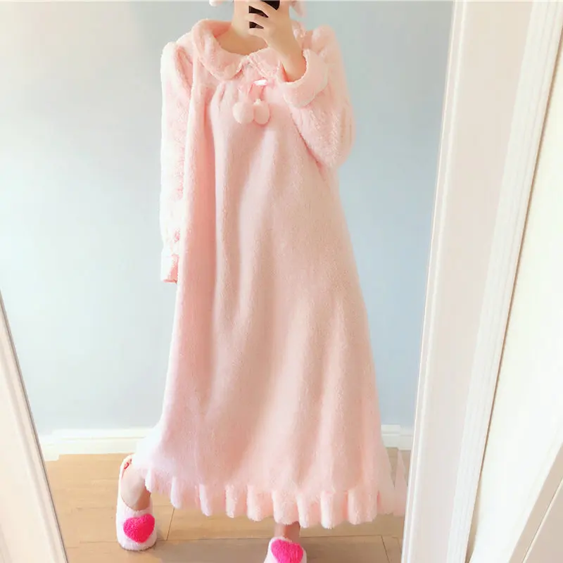 

Woman Pink Flannel Nightgowns Winter Peter Pan Collar Warm Soft Caroset Plush Night Dressing Gown Woman Lounge Sleeping Robes