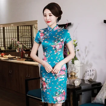 

Sky Bule Mini Female Cheongsam Multi Color Flower Chinese Dress Mandarin Collar Novelty Qipao Vintage Button Casual Dresses