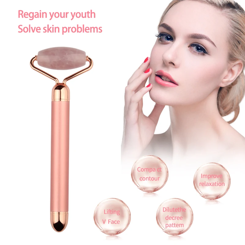 Face-lift Beauty 2 In 1 Rose Gold Jade Facial Anti Wrinkles Massage Beauty Jade Roller Vibrating Massage Bar Face Massager