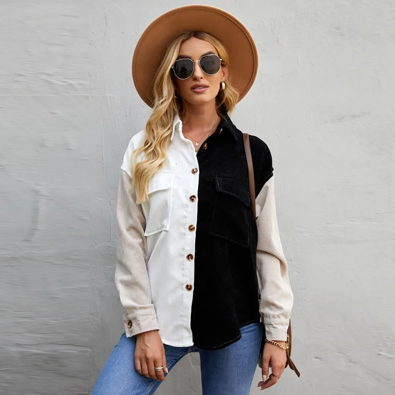 

High Quality Casual Fashion Design Color Block Button Pocket Long Sleeve Blouses Ladies