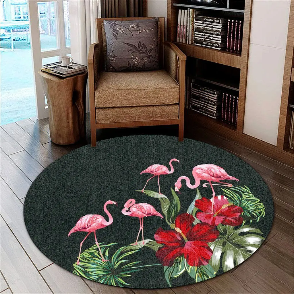 

Круглый ковер Hawail Hibiscus с фламинго, нескользящий 3D коврик с принтом, мягкий ковер для столовой, гостиной, спальни