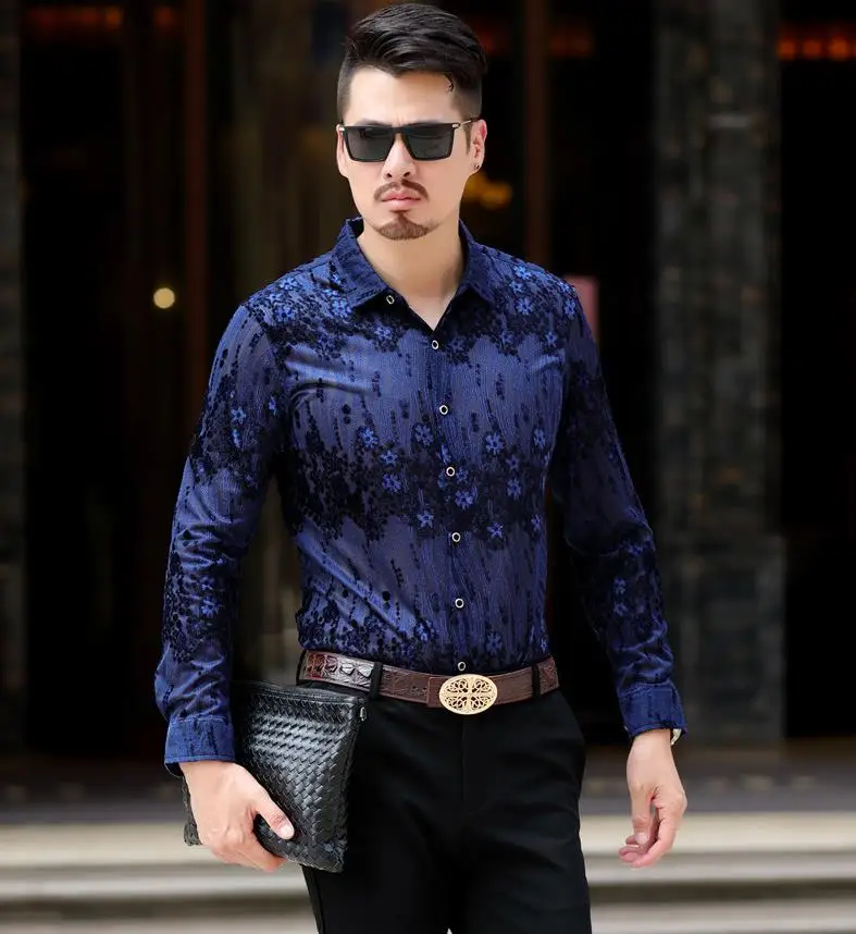 Мужская прозрачная рубашка, Сексуальная кружевная шелковая рубашка для мужчин, прозрачная сетчатая деловая Повседневная рубашка для клубной вечеринки, выпускного вечера, Chemise Homme 3XL