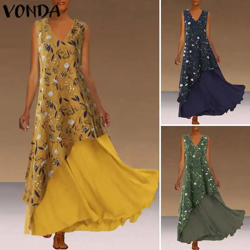 Асимметричное длинное платье VONDA, женское летнее сексуальное длинное платье без рукавов с v-образным вырезом, повседневное свободное летнее платье размера плюс, Vestidos