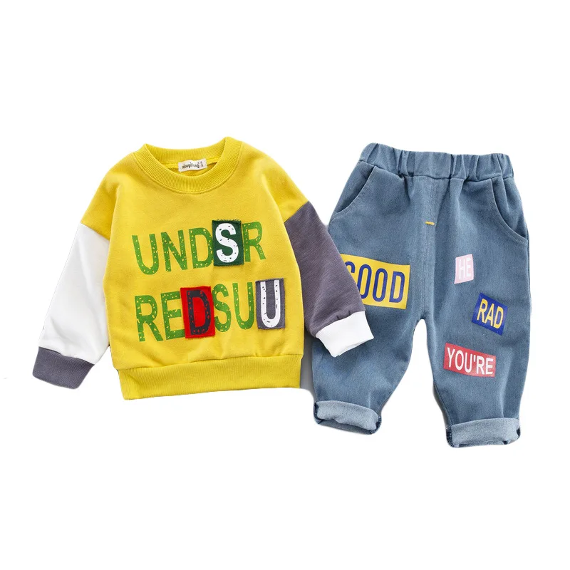 Boys'Dress весенне-осенний костюм для досуга однотонная санитарная одежда из чистого хлопка джинсы с наклейками комплект из двух предметов