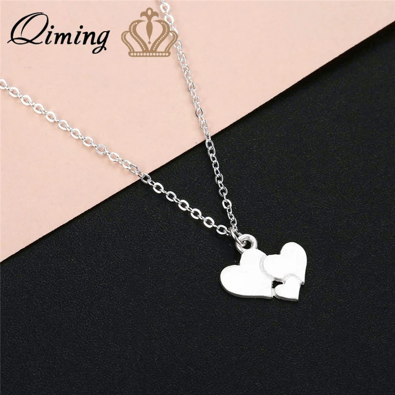 QIMING Small Family Three Hearts Love Necklace Gold Silver Everyday Jewelry Mothers Day Collar For Mom Women's | Украшения и