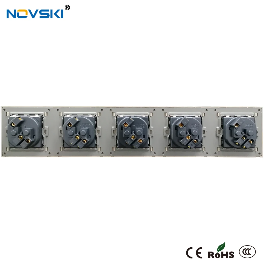 Gun Black Glass Panel Power Socket Quintuple Outlet German Plug Grounded, 16A EU Standard Electrical Socket, 15 Years Warranty