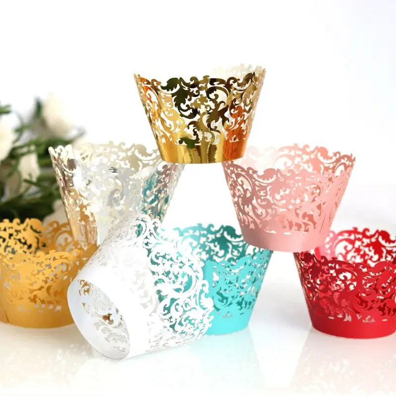 50pcs Hollow Lace Decor Cupcake Wrappers Paper Laser Hollow Cut Wedding Party Birthday Decoration