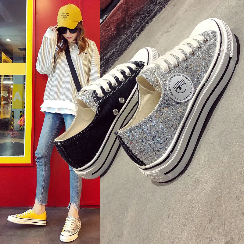 

Ozhouzhan Korean-style Students with Big Eye Mixed Colors Sequin Casual Versatile Flat Mid-top Canvas Mandarin Duck Skate Shoes