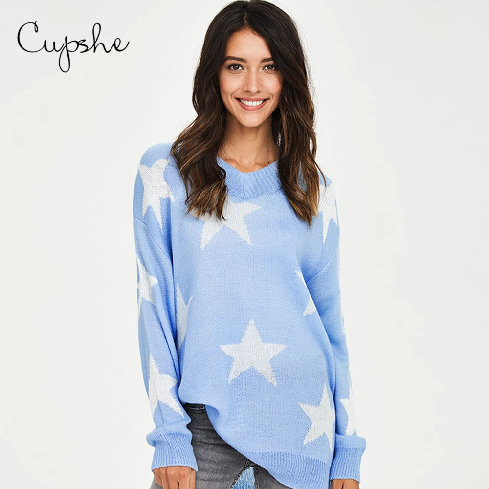 CUPSHE Stars Print Sweaters Tunic Women Casual V-neck Loose Long Sleeve Knitted Top 2021 Autumn Winter Female Jumper Pullovers | Женская