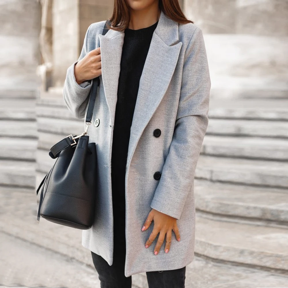 Женские классические пальто из смесовой ткани, однобортные шерстяные куртки средней длины, приталенная верхняя одежда с длинным рукавом, женское модное Однотонное шерстяное пальто, уличная одежда