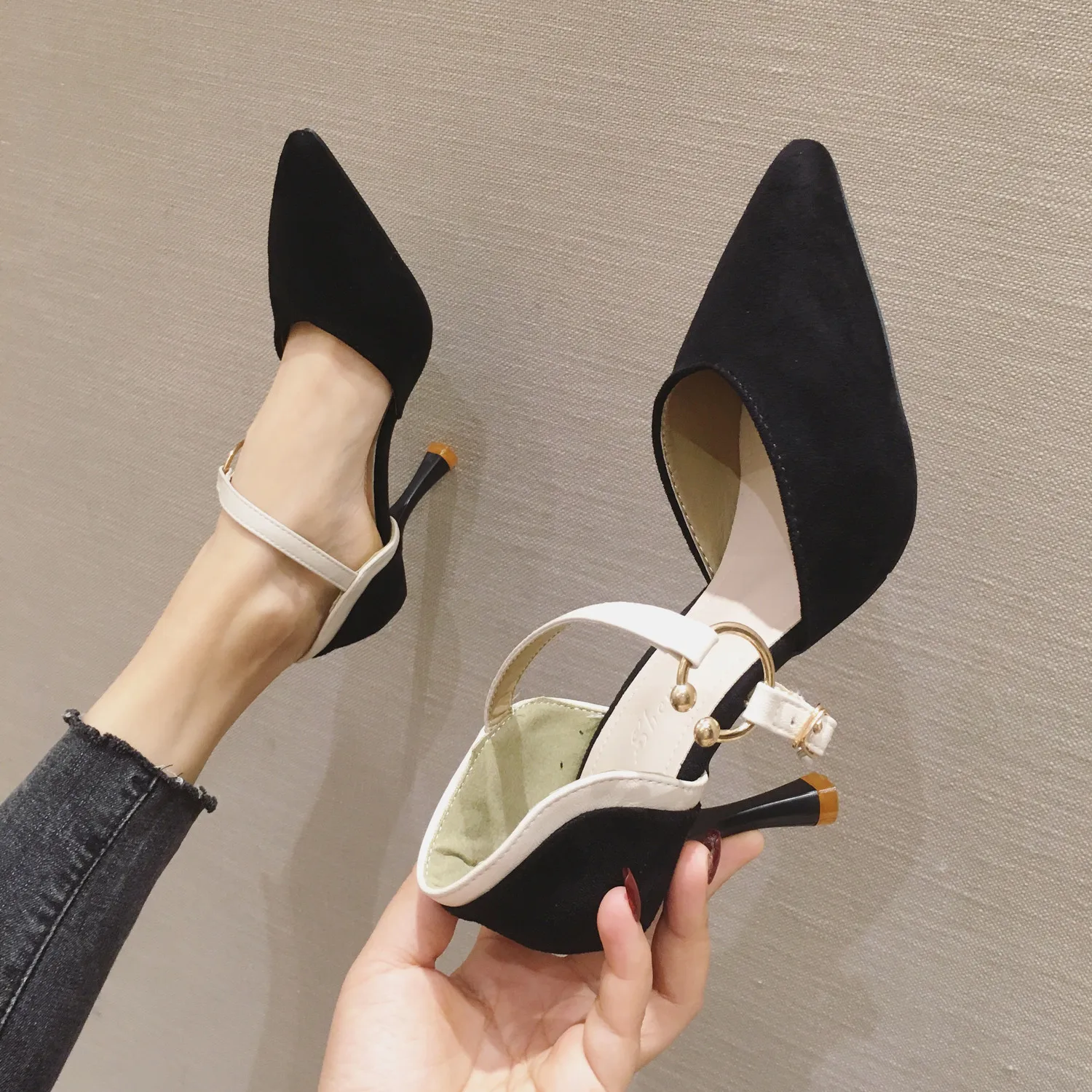 

Sandals Stiletto Heels Buckle Strap Velvet Shoes Shallow Mouth 2019 Women's All-Match High Suede Female Fashion Sexy Sale