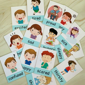 

14pcs Montessori Kids English Learning Cards Cartoon Emotion Flash Card for Children Baby Early Educational Memory Game Toys