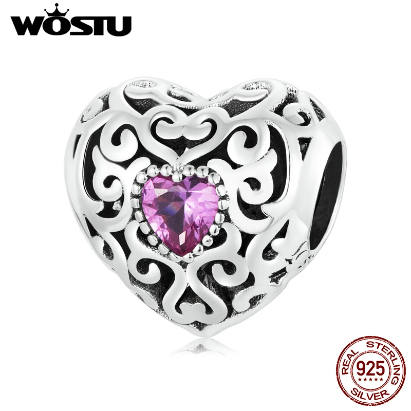 

WOSTU Real 925 Sterling Silver Bead Vinatge Pattern Heart Charm Pendant Charm Fit Pendant DIY Jewelry Making Women Lady Gift