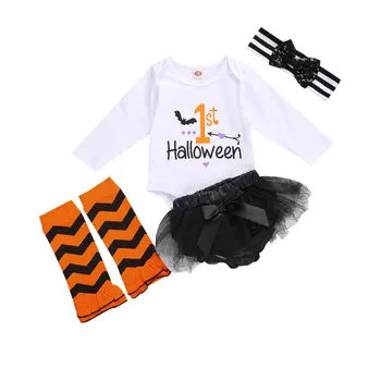 

Baby Suit Set Halloween Round Neck Long Sleeve Baby Romper+ Solid Color Skirt+ Headband+ Foot Cover Baby Girls Clothing Set