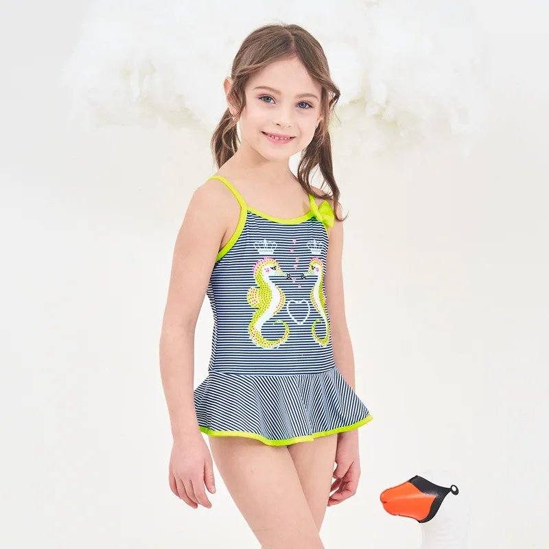 

2019 Europe And America New Style Hot Sales One-piece Swimming Suit Stripes Hippocampus Skirt Girls Baby Girls KID'S Swimwear 19