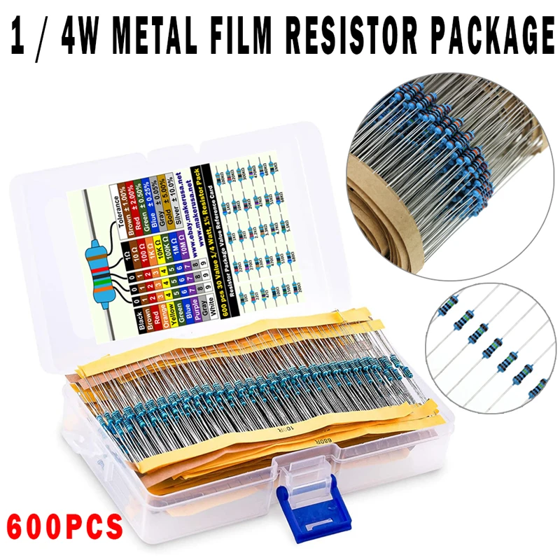 

600pcs/lot 1/4W Metal Film Resistor Electronic Passive Components Kit 1% Assorted 0.25W 10-1M Values Ohm Pack