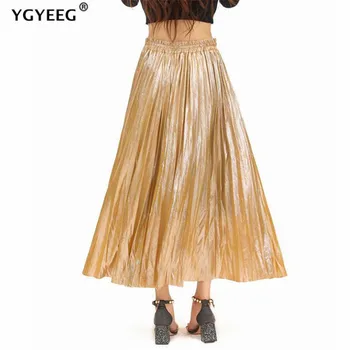 

YGYEEG Skirt Gold New Autumn Winter Women High Waist Skirt Long Metallic Maxi Pleated Midi Casual Small Swing Dance Warm Skirts