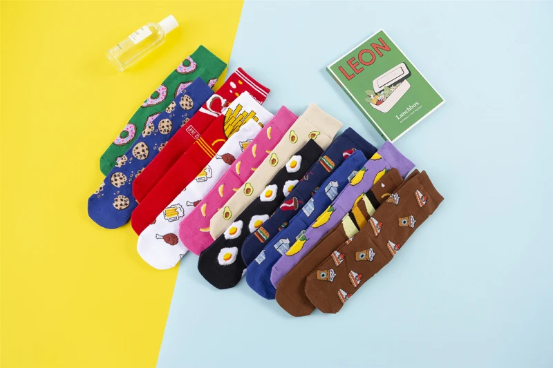 Корейские женские носки Веселые Забавные милые Мультяшные носки с фруктами, бананами, авокадо, лимоном, яйцом, печеньем, пончиками, Харадзюку, скейтбордом, парные носки
