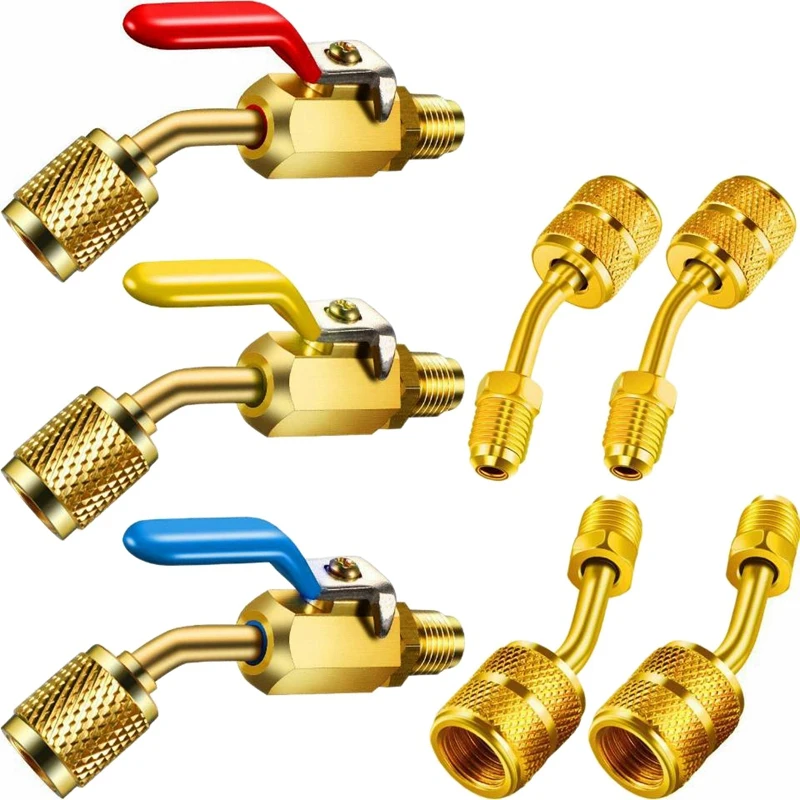 

Air Conditioning Refrigerant Angle Compact Ball Valve, 3 Angle Ball Valves and 4 Useful Adapters, SAE for R410A R134A R12 R22 AC