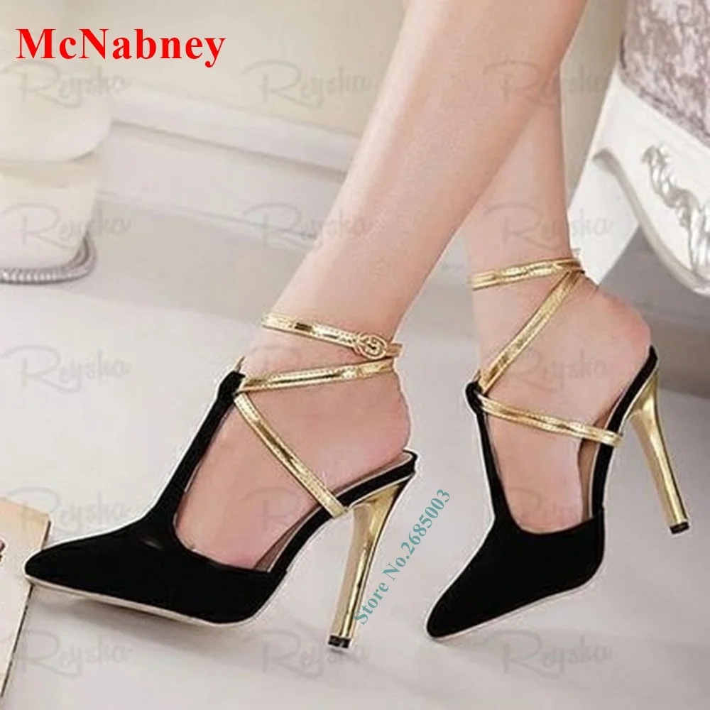 

Suede Pointy Ankle Buckles Sandals T Straps Slingback Thin High Heel Solid Female Sandals Shoes For Party Dress Summer Hollow