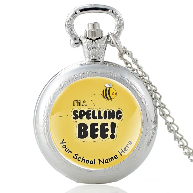

Spelling Bee Design Vintage Alloy Quartz Pocket Watch Glass Dome Men Women Pendant Necklace Hours Clock Gifts