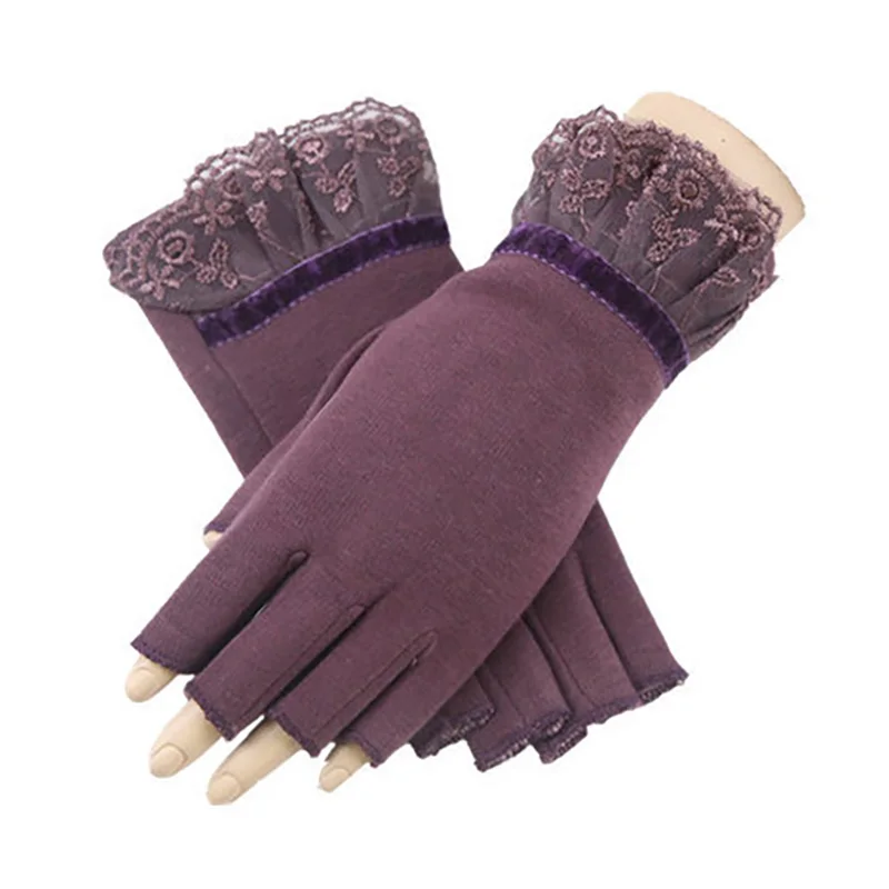 Winter Gloves Women Fingerless Lace Knitted Thermal Warm Half Finger Ladies Autumn Mitten Women Office Winter Hand Gloves Velvet