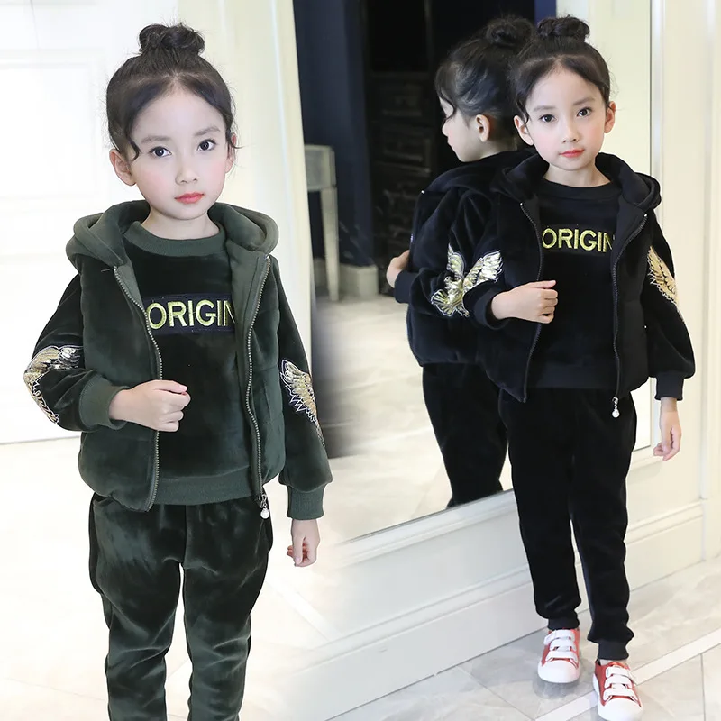 

Girls Winter Ji Set 2018 New Style Korean-style Big Boy CHILDREN'S Garment plus Velvet Gold Velvet Three-piece Set