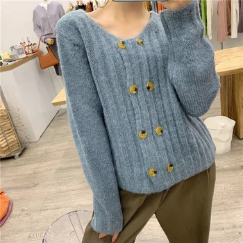 

Autumn Korean Style Sweater Cardigan Women Casual Long Sleeve O-neck Fashion Casual Knitted Blue Orange Coat Tops