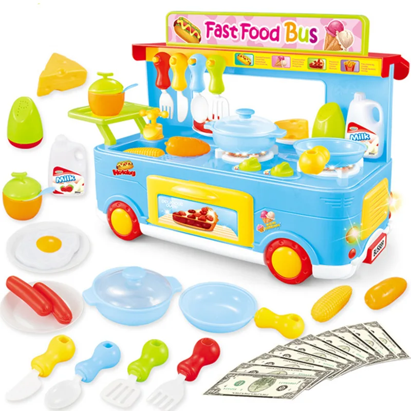 

Children Campus Bus Food Trucks Model Kitchen Set with Voice Light GIRL'S Cooking Play House Toys