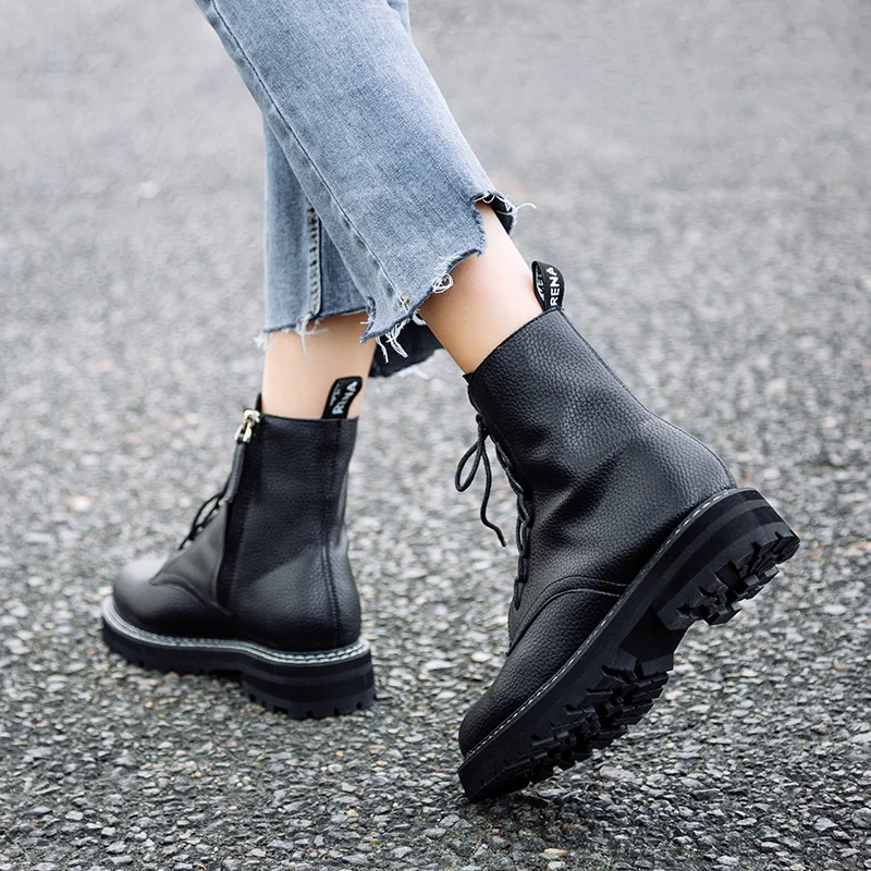 high quality Genuine Leather Women's boots 2019New autumn fashion Thick bottom Locomotive booties Handmade Female Martin boots