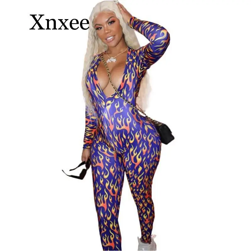 

Fire Print Sexy Jumpsuit Rave Festival Bodycon Rompers Streetwear One Piece Outfit Long Sleeve Body Overalls For Women Deep V