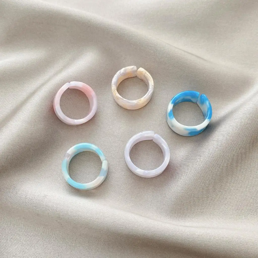 Ring Set Finger Ring Adjustable Rings 1 Set Colorful Transparent Acrylic Geometric Round Marble Pattern Ring Resin Acetate Board Rings For Women Girls Jewelry