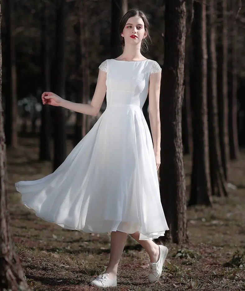 

A-line Tea Length Chiffon Modest Short Wedding Dresses With Cap Sleeves Jewel Neck Open Back Beach Bridal Gowns Little White