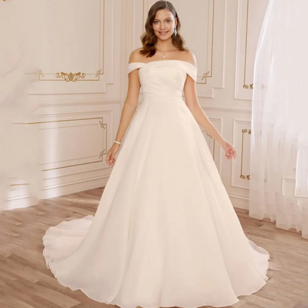 

Elegant Off the Shoulder Wedding Dresses White A-Line Satin Simple Bridal Ball Gowns Dress With Train Custom Size Vestidos De