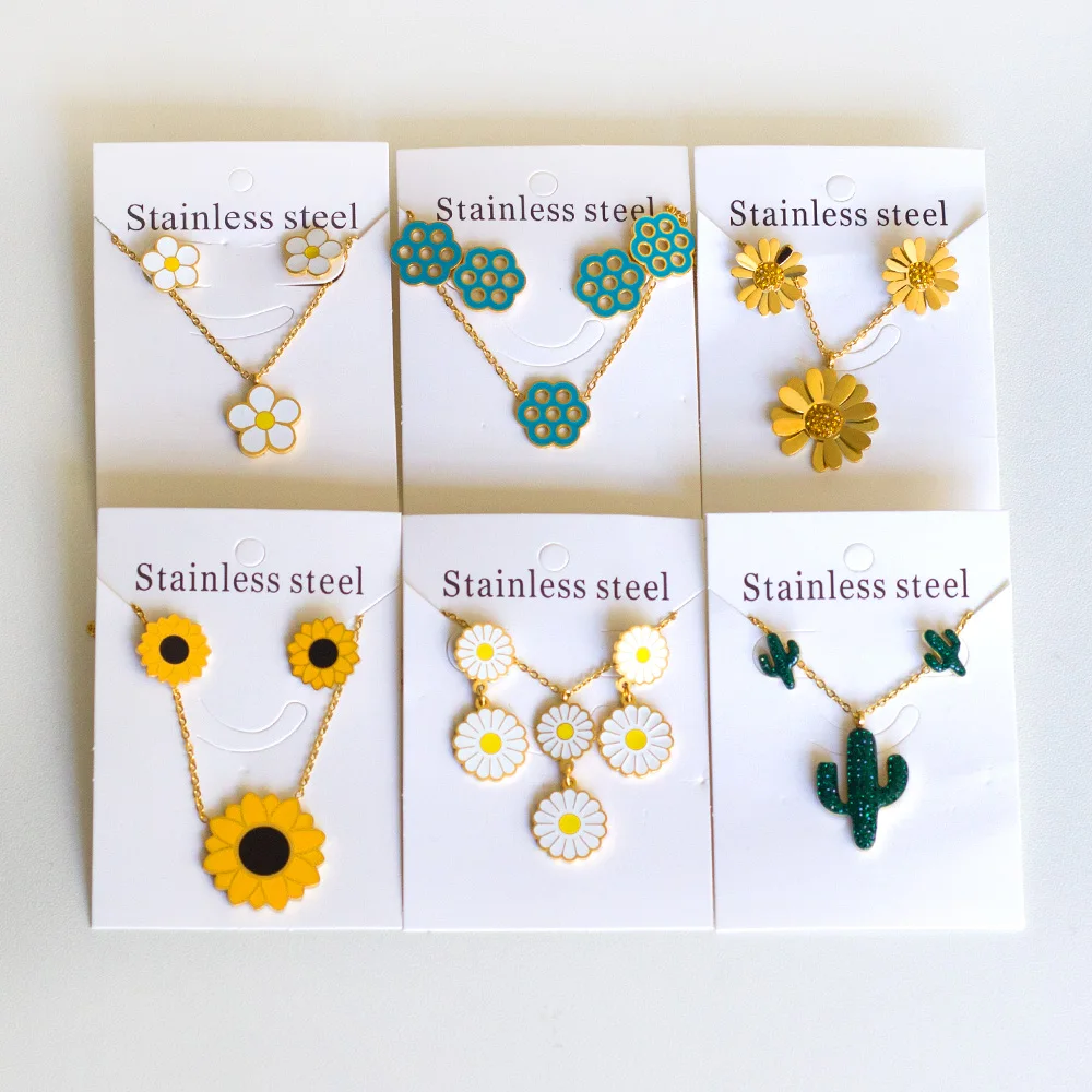 Jewelry Sets Women Jewelry Sets Yellow Flowers Pendant Necklace Earrings Stainless Steel Gold Color Trendy Summer