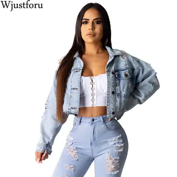 

Wjustforu Ripped Denim Jacket Women Hole Boyfriend Style Long Sleeve Vintage Jean jacket Denim Loose Autumn Denim Coat Jean Slim