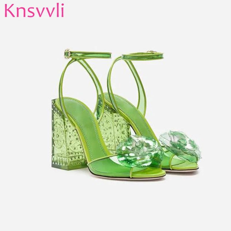 Knsvvli/прозрачные босоножки на прозрачном каблуке с кристаллами; женская обувь для вечеринок из ПВХ, розового и зеленого цветов; босоножки на высоком массивном каблуке; mujer