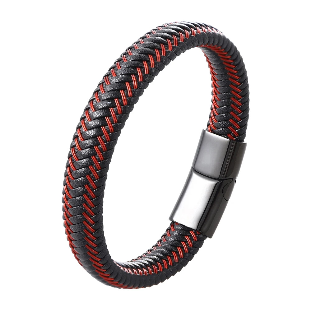 Trendy Men's Red Blue Genuine Leather Bracelet Stainless Steel Magnet Clasp Couples Jewelry Gifts for Unisex - Image 2