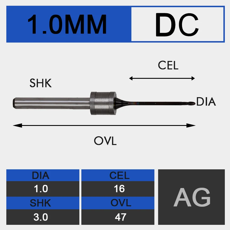 UCHEER 1 шт./компл. Amann Girrbach Стоматологическая фреза DC покрытие для фрезерования циркониевый блок доступны AG Размеры 0,6 мм, 1,0 мм, 2,5 мм - Длина режущей кромки: d1-16-D3-47-DC