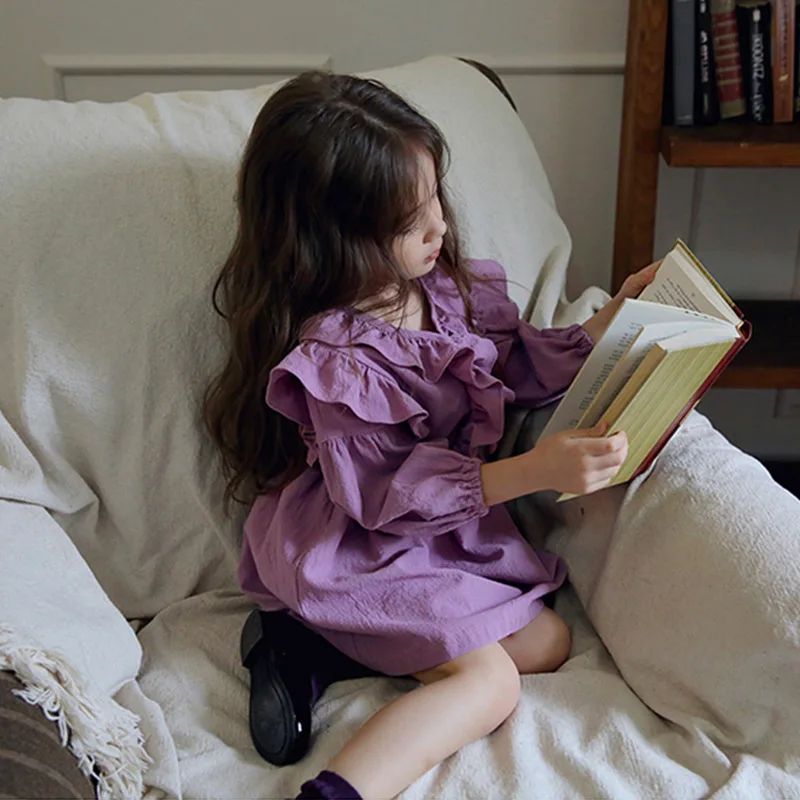 Осеннее платье для девочек корейское кружевное платье принцессы с длинными рукавами и листьями лотоса для девочек