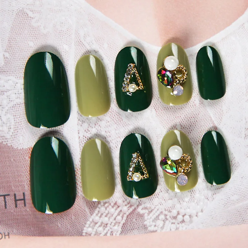 

Summer DIY Full Cover Green Jump Color False Nail with Glue Shining Rhinestone Beauty Long Nail Art Tip Hot Sale Girls style